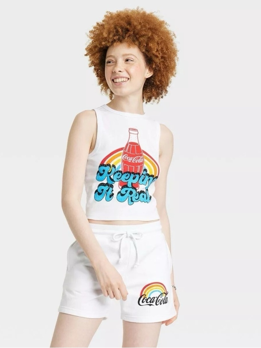 Coca Cola White Women's Drawstring Shorts with Rainbow Logo - Picture 6 of 7